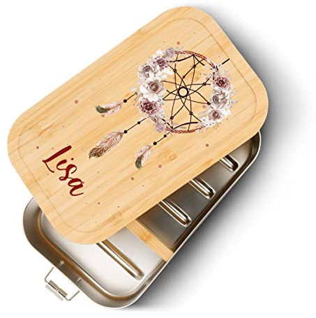 GRAVURZEILE Brotdose aus Weißblech mit bedrucktem Bambusholzdeckel - Lunchbox mit Traumfänger Motiv - Personalisiert mit Name - Geschenk für Kinder zum Schulanfang - Größe: Klein