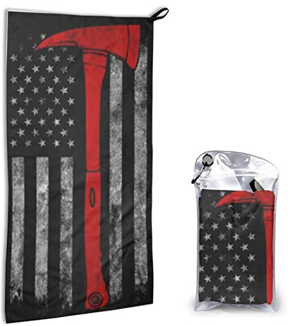 Schnell trocknendes Handtuch mit Tasche – Feuerwehr-Axt, rote Flagge, bedruckt, super saugfähig, Mikrofaser, Reise-Sporthandtücher, 40 x 80 cm