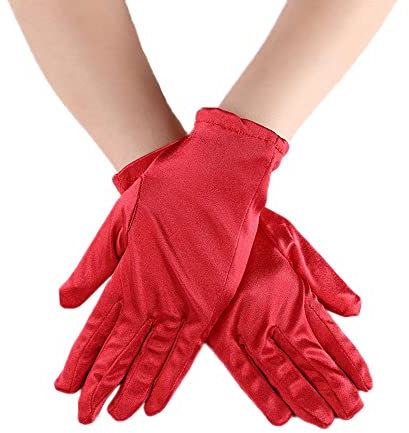 Duories Classic Damen Handschuhe Kurz, Elastisch Elegant 1920er Stil Abendhandschuh Satin Handschuhe, Gothic Opera Fest Party Hochzeit Braut Handschuhe für Festlich Faschingskostüme Karneval,Rot