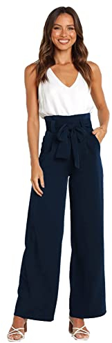 Odizli Paperbag Hosen Damen Elegant High Waist Culottes Palazzo Hosenrock Lang Weite Hose Sommer Business Festlich Stoffhose Marlenehose Anzughose Schlupfhose Freizeithose mit Gürtel Marineblau S