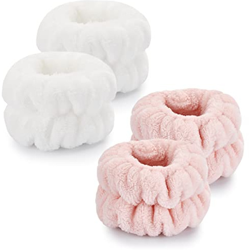 Dorbetar Microfiber Wrist Towels for Face Washing and Spa - Wristbands for Women and Children (White, Pink)