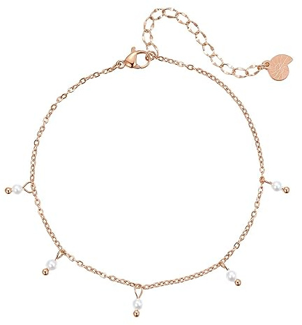 Happiness Boutique Damen Fußkettchen mit Perlen Anhängern aus Edelstahl | Wasserfeste Fußkette mit Perle-Charms in Gold - Rosegold, Silber | Verstellbares Perlen Fusskettchen