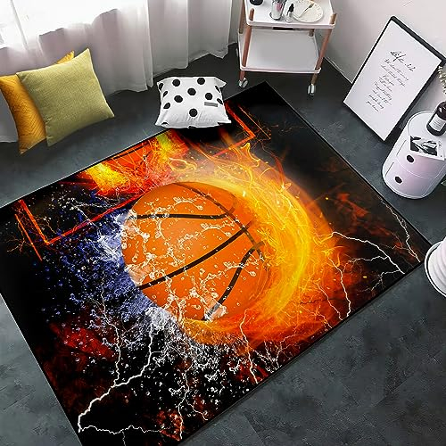 Basketball-Teppich – Basketballteppich für Jungen-Schlafzimmer – Sportteppiche – schwarzer Basketball mit Flamme, bedruckte Teppiche, Kinderteppiche für Spielzimmer, Wohnzimmer, Basketballzimmer,