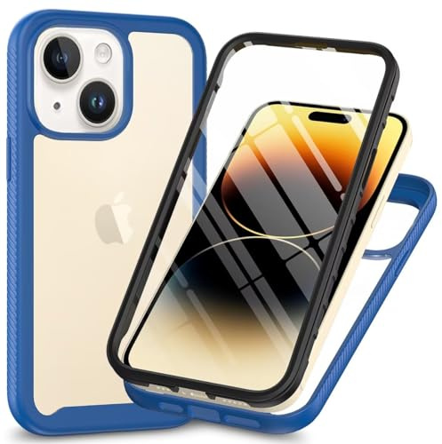 Dfjhure for iPhone 15 Case Built-in Screen Protector Full Body Shockproof Protection Cover tylish Bumper Transparent Back Phone Case Cover for iPhone 15- Blue