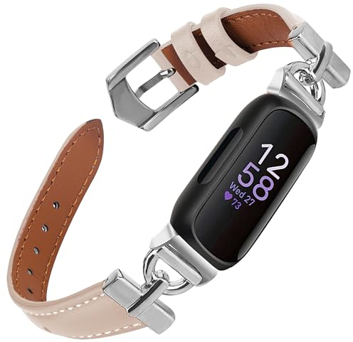 Apawband Lederbänder, kompatibel mit Fitbit Inspire 3, Ersatz-Uhrenarmbänder, D-förmig, weiches Armband für Fitbit Inspire 3, Fitness-Tracker, Damen und Herren, Beige / Silber