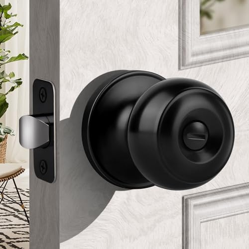 Moquin Pomo de puerta de privacidad de bola plana sin llave, perilla interior redonda en acabado negro mate, cerradura de perilla de puerta sin llave para dormitorio y baño