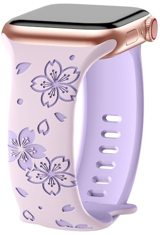 AMSKY Dos Tonos Correas Floral Compatible con Correa Apple Watch 40mm 46mm 41mm 44mm 38mm 42mm 45mm para Mujer, Grabado Correa de Silicona Compatible con iWatch Se Series 10 9 8 7 6 5 4 3 2 1