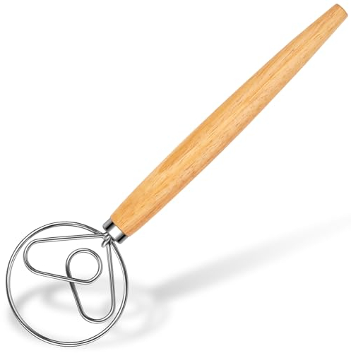 Maxjoy Frusta danese per impasto, frusta in legno con gancio in acciaio inox, frusta tradizionale olandese, frusta manuale per impastatrice e utensili per la produzione di pane a lievito naturale