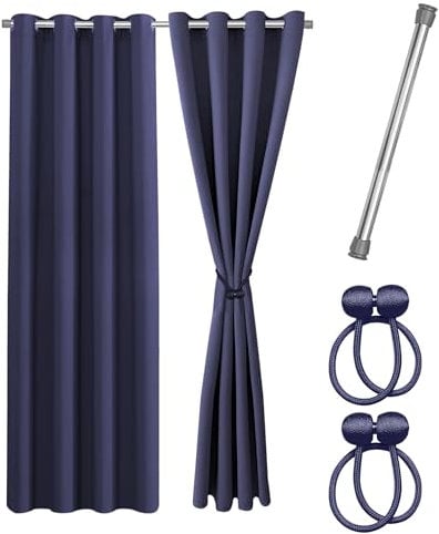 Cozyor Praktisches Set ohne Bohren: 2X Vorhang + 1x Klemmstange Silber 111-200 cm + 2X Raffhalter mit Magnet Blickdicht & verdunkelnd, als Raumteiler, Fenster & Tür Blau Thermovorhang 200x135cm