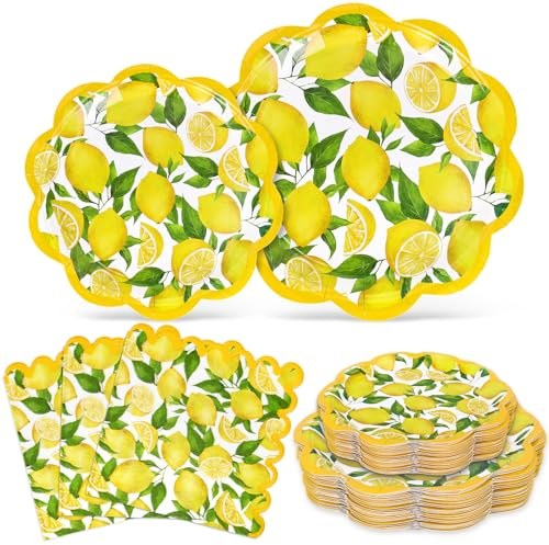 Whaline 72Pcs Lemon Tableware Set Watercolor Lemon Fruit Party Decor Supplies Summer Scalloped Yellow Paper Disposable Plates and Napkins for 24 Guests Party Supplies Table Decor