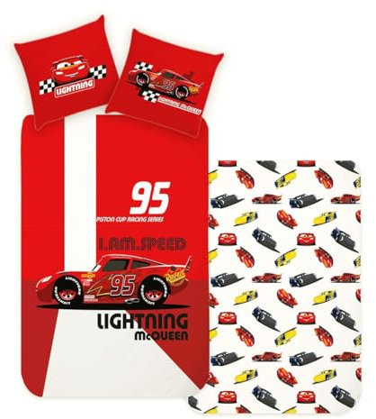 JACK Renforcé Wende Bettwäsche 2 TLG. 135x200cm Cars Disney Rot Auto Reißverschluss