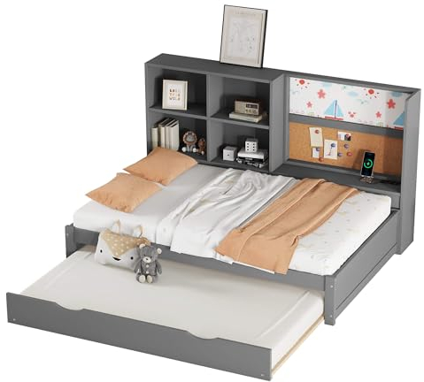 Kinderbett, Doppelbett 90 x 200 cm mit Lattenrost und Ausziehbarem Bett, Schlafsofa Tagesbett mit Offenes Ablagefach und Zeichenbrett, für Kinderzimmer, Gästebett Jugendbett, Ohne Matratze, Grau