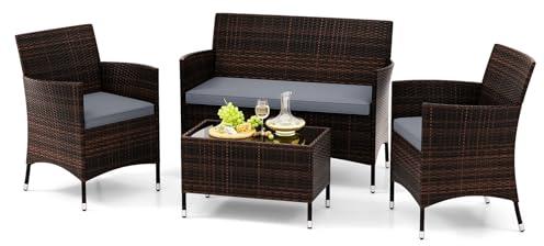 GIANTEX Gartenlounge Outdoor Möbelsets, Garten Lounge Set Rattan Gartenmöbel, Sitzgruppe 4 Personen Tisch 2 Stühle Sitzbank, mit Sitzkissen, Balkonmöbel Kleiner Balkon, Sitzgarnitur Frei kombinierbar