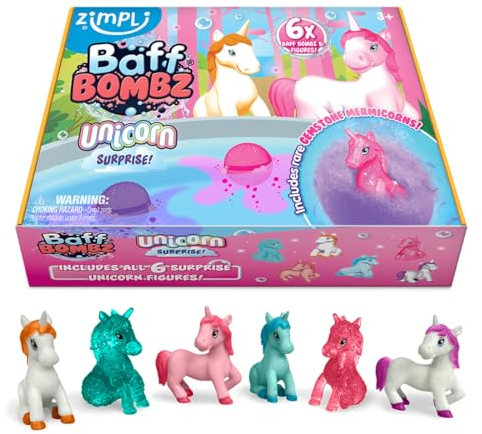 Zimpli Kids 6 große Einhorn Überraschungs-Badebomben, 6 Überraschungs-Einhorn-Spielzeuge im Inneren! Kindergeburtstagsgeschenke, Badespielzeug für Jungen und Mädchen