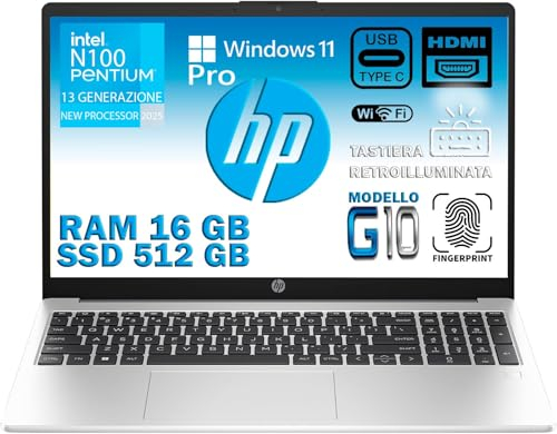 HP 250 G10 Notebook portatile Silver, RAM 16GB, SSD 512GB, Display FullHD 15.6, nuovo processore Intel N100 4 Core da 3,4 GHz, tastiera retroilluminata, fingerprint, Win 11 Pro, pronto All'uso, Ita