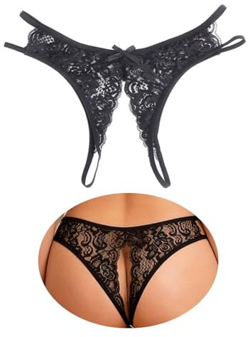 comeondear Slip Ouvert für Frauen Sexy Unterwäsche Spitze Erotische Damen Höschen mit Offenem Schritt Große Größen String Tanga Dessous mit Loch Brazilian Unterhosen Panty(1-Schwarz,M)