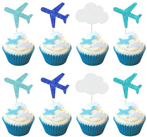 Xsstarmi 24 Pack Blue Airplane Cupcakes Toppers Glitter Cloud Plane Cupcake Picks Travel Themed Party Cake Decorations for Baby Shower Airplane Birthday Party Decorations