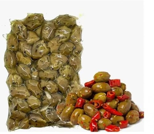 Olive verdi schiacciate Calabresi condite con nocciolo gr 500 Sottovuoto - Prodotti tipici Calabresi Piccanti