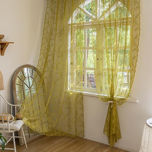 Sutuo Home Salbeigrüne Spitzenvorhänge für Schlafzimmer, Wohnzimmer, 244 cm lang, 2 Paneele, Boho, durchscheinende Rosen-Blumenstickerei, gerüscht, Vintage-Fensterdekoration, Weihnachtsdekoration