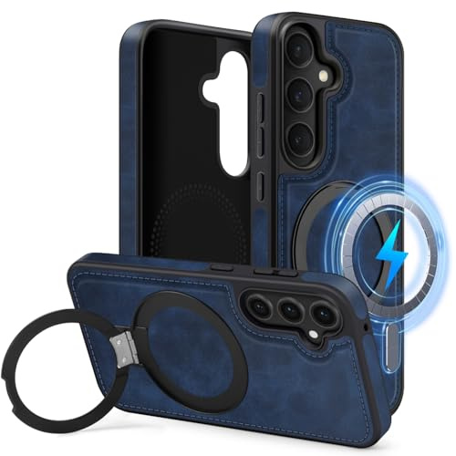 MOBESV Magnetisch Handyhülle mit Ständer für Samsung Galaxy S24 6,2 Zoll, Lederhülle kompatibel mit MagSafe/Kabelloses Ladepad, Dünn Klassische Elegant Hülle, Königsblau