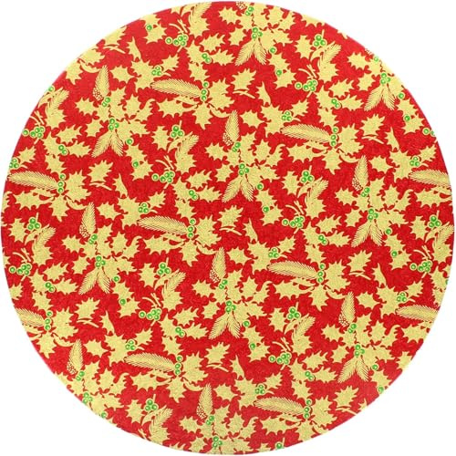 LARRYROO Festive Christmas Cake Board Drum, Tradtional Gold, Red, Green Holly Design, 12mm Thick (Red, 10 Inch)