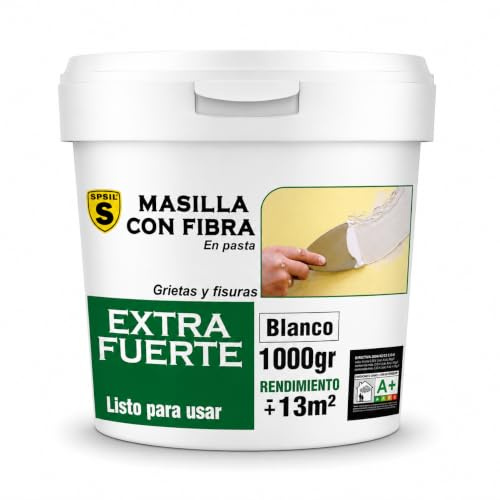 SPSIL Masilla Reparadora con Fibra de Vidrio 1KG Blanco - Para Grietas, Juntas y Abolladuras - Uso Interior/Exterior - Compatible con Yeso, Madera y Metal - Secado en 2h