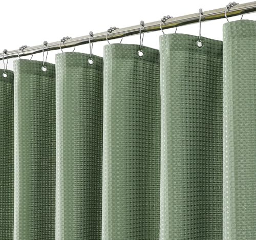 meioro Salbei Grüner Duschvorhang, Anti Schimmel Wasserdicht und Trocknet Schnell Duschvorhänge, Waffel Schwere Textil Stoff Shower Curtain mit 12 Ringen, 180 x 210cm Luxus Duschrollo für Badewanne