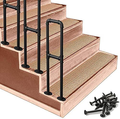 Ferro il per scale da giardino in ferro battuto nero con picchetto di supporto per scale di transizione per interni ed esterni, portata 200 kg, 90 cm