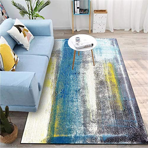 LONGSAO Teppich Wohnzimmer Kurzflor 90 x 200 cm Esszimmer Schlafzimmer Ornamente Muster Teppich Modernes abstraktes Aquarell blau gelb grau