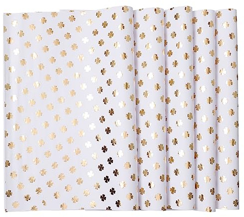 FRCOLOR Packpapier Geschenkpapier 5 Blatt Gold Papierverpackung mit Vierblättrigem Kleeblatt Motiv Leicht Zuschneidbar Kreativ und Schön für Selbstgemacht Projekte und Geschenke zu Jedem