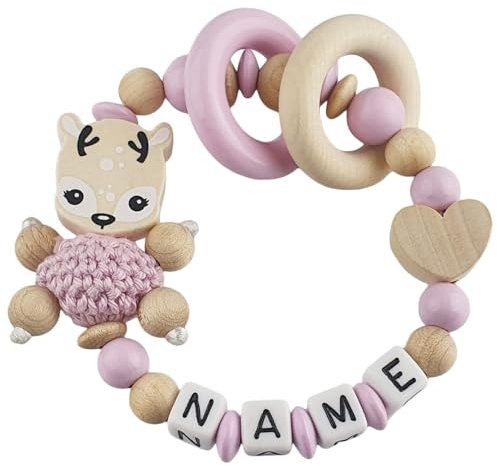 kleinerStorch® Baby Motorik Greifring personalisiert mit Namen | Holz Mädchen Babyspielzeug & Lernspielzeug als Geschenk zur Geburt, Taufe | REH in rosa