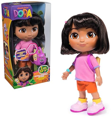 DORA Sing mit Mir Puppe 35 cm große Puppe zur beliebten TV-Serie mit 2 Liedern und 12 Sätzen & Geräuschen Deutsch/Englisch und Italienisch/Englische Sprachversion für Kinder ab 3 Jahren