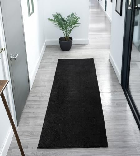 Comfy Washable Plain Non-Slip Hallway Runner Rug, Black, 60x200cm