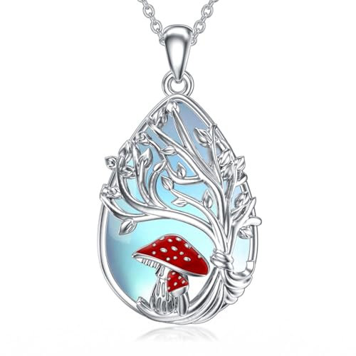enjoylifecreative Tree of Life Mushroom Necklace 925 Sterling Silver Tree of Life Moonstone Necklace Mushroom Themed Jewellery Gifts for Women Mushroom Lovers