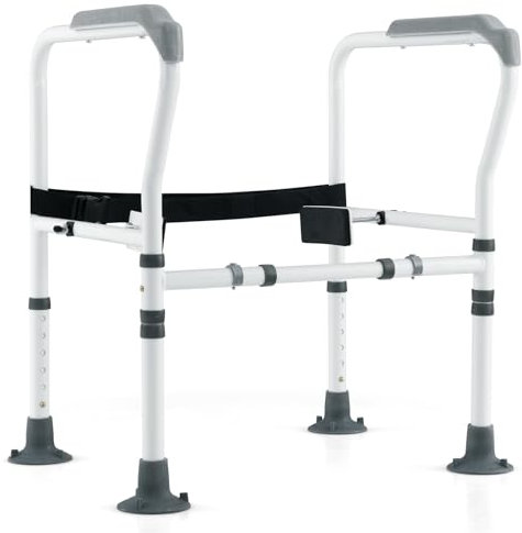 COSTWAY Foldable Toilet Safety Frame, Height & Width Adjustable Toilet Handrail Support Aids with Fixed Strap, Non-Slip Bathroom Toilet Frame Safety Rails Stand for Eldery Handicap Disabled (Grey)