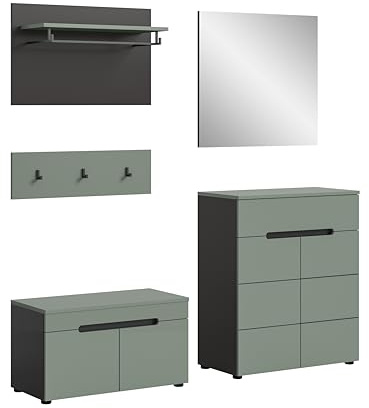 xonox.home - Garderobenkombination Canu 4tlg. 175x190x37 cm in Korpus Basalt grau Nb., Front Smoke Green Nb. - Garderobenschrank Garderobenmöbel Flurmöbel-Set Flursystem Stauraumlösung