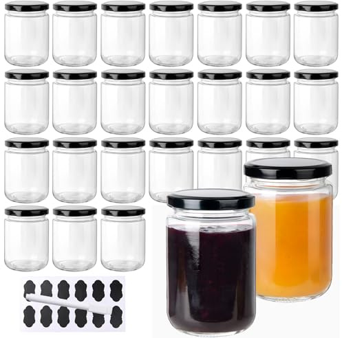 YBCPACK 24 Stück Marmeladengläser 350ml mit Deckel – Große Einmachgläser | mit Schraubdeckel, Luftdicht & Spülmaschinenfest – Einweggläser mit Etiketten & Stift für Marmelade, Joghurt, Honig, Gewürze