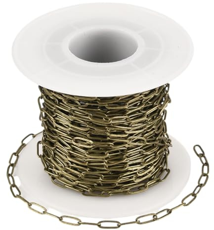 SOFPLATE 10M/32.8 Feet Brass Paper Clip Chain Bronze Cable Chain Spool Flat Oval 7.6x2.6mm Elongated Soldered Paperclip Connector Link Roll Accessories for Jewellery Making Necklace Bracelet DIY Craft