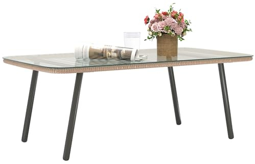 Outsunny Gartentisch aus PE-Rattan mit Glasplatte, rechteckiger Couchtisch für Außen- und Innenbereich, 110 x 60 x 40 cm, Naturholz