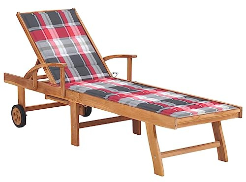 HaoChrymec Sonnenliege mit Auflage Rotes Karomuster, Teak Massivholz, Verstellbare Rückenlehne, Ideal für Garten, Balkon und Pool, 195 x 59.5 cm