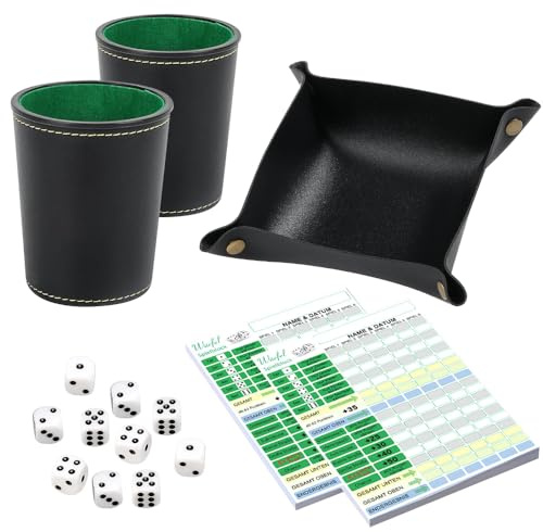 CLIUNT Würfelbecher Leder, Flexibler würfelbecher, Knobelbecher Leder, Würfelbrett mit 10 Würfeln, Kniffelblock, Kniffel Spiel Set, Würfelspiele für Erwachsene Familienspiel