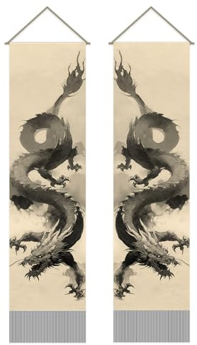 SUPERDANT 2 Stück Wandteppich Schwarzer Drachen Tusche Wandbehang mit Stangen & Quasten Langer Vertikaler Wandteppiche Set Moderner Wohnkultur Dekor Für Wohnzimmer Schlafzimmer Büro 130x33cm