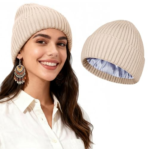 TSKNOMO Satinhausgefütterte Mütze für Damen & Herren – Weiche, Locker Gestrickte Wintermütze, Warme Wollmütze mit Umschlag, Unisex Beanie