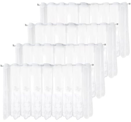 DHSWNNG 4er Scheibengardine, 130x45cm Bistrogardine Kurzstores Blume Weiß Halbtransparent Besticke Scheibengardinen Modern Kurze Halbtransparente Vorhänge für Wohnzimmer und Küche