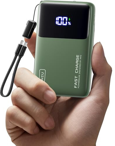 INIU 10000mAh Batterie Externe, Mini 45W Charge Rapide Voyage Power Bank | Câble USB C Amovible, Autorisé en Avion, Essentiels de Voyage, Powerbank pour iPhone 17 16 Pro, Samsung S26, iPad, Vert