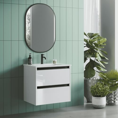 Mueble de Baño Suspendido Fondo Reducido con Lavabo Cerámico para Aseos| Mueble Volado 2 Cajones con Tirador | 70 cm Blanco Brillo Tirador Negro