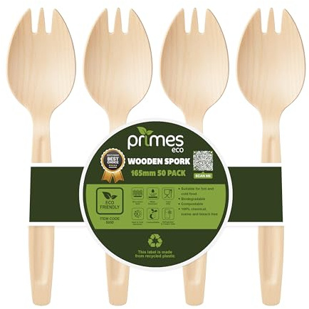 PRIMES ECO Disposable Birch Wood Spork 165mm – Single-Use Wooden Cutlery for Hot & Cold Foods, Parties, Catering, Events, Takeaway Meals, Picnic & Food Service Use (50, Sporks | 16.5cm)