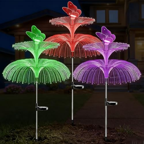 Dhqkqg Solarlampen für Außen Garten, 3 Stück Quallen Solarleuchten, LED-Solar-Doppelschicht-Medulen Schmetterling Lichter, 7 Farbwechsel, 2 Beleuchtungsmodi, für Außen, Rasen, Balkon, Terrasse, Hof