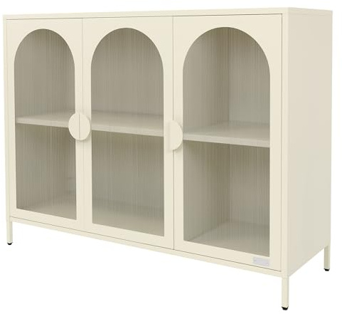 ML-Design Vitrinenschrank 120x93x40 cm aus Stahl, Creme, Sideboard mit 4 Ablage-/Regalfächer & 3 Türen, Metall Kommode mit verstellbaren Füßen, Vitrine, Highboard, Aufbewahrungsschrank für Wohnzimmer