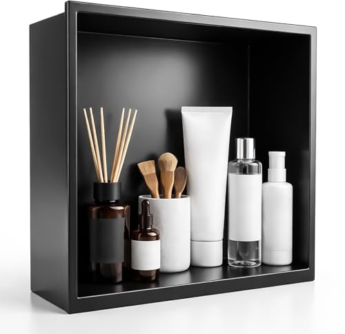 Jevervd 304 Stainless Steel Shower Niche, Recessed Wall Shelf for Bathroom Storage, Waterproof & Rustproof, Modern Design with Rounded Corners, 32x32x12 cm (Black)